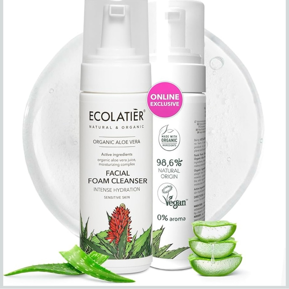 Lot of 2 Foaming facial cleanser, Organic Aloe Vera, 98.6% Natural vegan, gentle